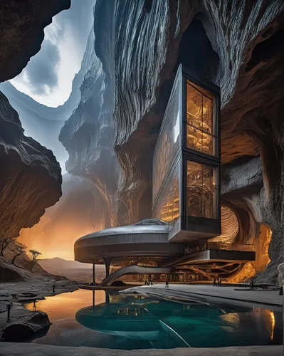 museum of modern art, epic view, in a gigantic cave, Hans Giger style,futuristic landscape,futuristic architecture,futuristic art museum,luxury hotel,infinity swimming pool,luxury bathroom,house in mo