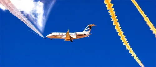 Aerial photography, drone shot, bird's eye view, blue sky, fluffy white clouds, commercial airliner, private jet, hot air balloon, wings spread wide, contrail behind, sun glint on metal, afternoon gol