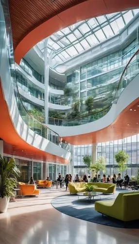 Modern interior design university campus, prestigious architecture building, glass atrium, natural light pouring in, elegant staircase, minimalist decor, students sitting on sleek sofas, laptops and s