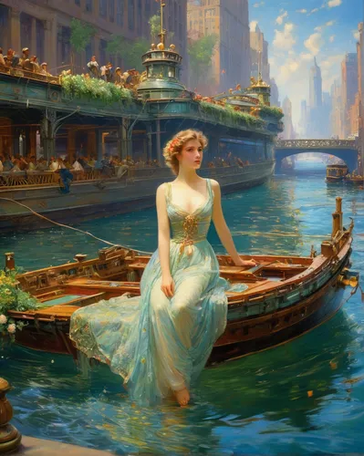 emile vernon,girl on the river,girl on the boat,the blonde in the river,venetia,the sea maid,girl in a long dress,venetian,rusalka,ethel barrymore - female,gondolier,fantasy picture,girl in a historic way,fantasia,water nymph,fantasy art,hallia venezia,vintage art,asher durand,fantasy portrait,Conceptual Art,Fantasy,Fantasy 05