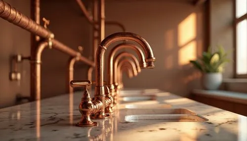 Copper material, luxurious modern interior, copper pipes, metallic sheen, intricate details, ornate fixtures, industrial chic, minimalist space, warm ambient lighting, shallow depth of field, close-up