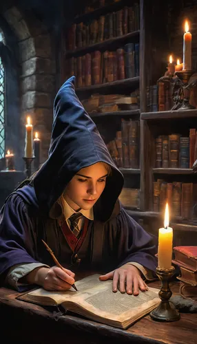 spell, counter-spell, "Finite Incantatem", wizard, witch, wand raised, casting, magical barrier, defense, Hogwarts uniform, robe, determined expression, classroom, ancient books, wooden desks, stone w