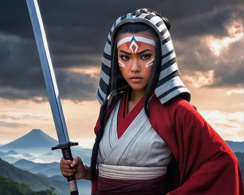 Ahsoka Tano, young adult, Asian, solo, (18yo), beautiful detailed eyes, light blush, long black hair, ponytail, traditional Japanese clothing, red sash, katana, ninja costume, standing, heroic pose, c