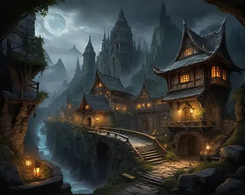 fantasy landscape,mountain settlement,fantasy picture,witch's house,ancient city,fairy tale castle,medieval town,fantasy art,mountain village,ancient house,fairy village,devilwood,fantasy city,hogwarts,knight village,alpine village,castle of the corvin,fairytale castle,world digital painting,house in mountains,Illustration,Paper based,Paper Based 29