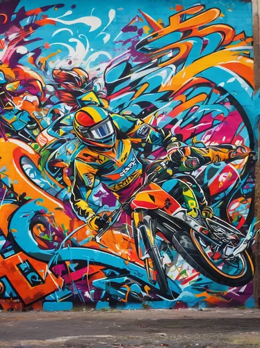 Describe a thrilling race taking place at Fonbet with a surprising twist.,graffiti art,artistic cycling,bike city,graffiti,bike pop art,bikes,bike colors,bike land,mural,grafitty,artistic roller skati