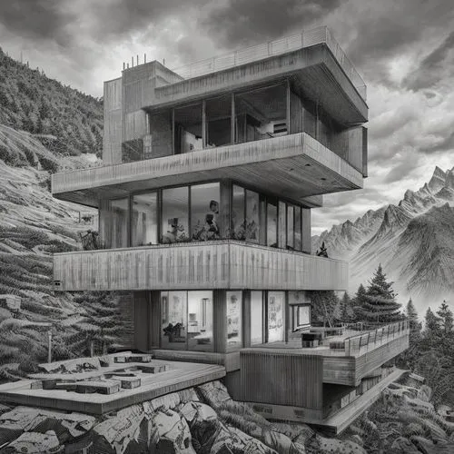 brutalism,house in the mountains,house in mountains,snohetta,malaparte,kundig,mountain hut,dunes house,monte rosa hut,the cabin in the mountains,cubic house,brutalist,modernism,cantilevers,alpine hut,verbier,glickenhaus,kalpa,habitat 67,rothorn,Art sketch,Art sketch,Concept