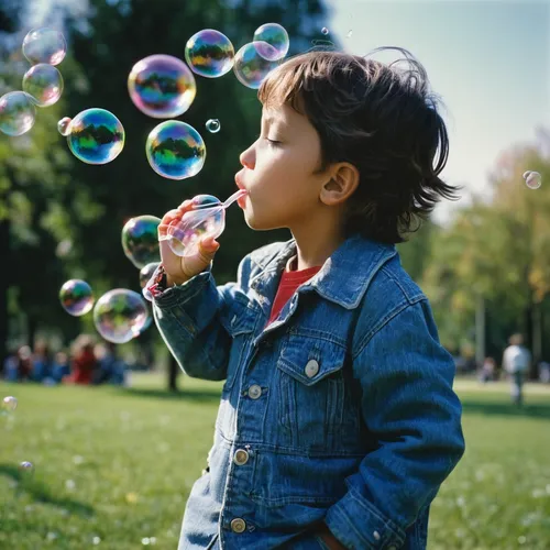 Generate a stock photo of a young child blowing bubbles in a park,soap bubble,make soap bubbles,inflates soap bubbles,soap bubbles,giant soap bubble,bubble blower,bubbles,small bubbles,bubble,talk bub