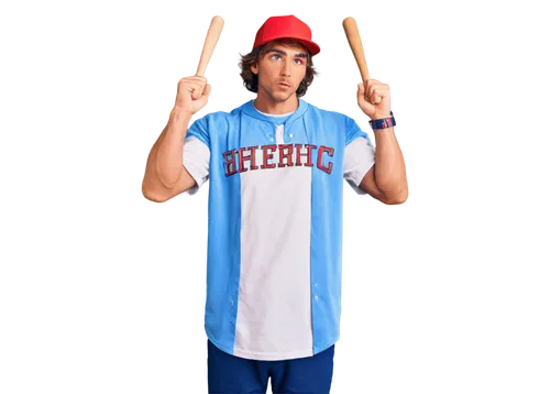 Baseball player, male, athletic build, wearing baseball jersey, white sleeves, blue body, red logo on chest, baseball cap, messy brown hair, determined facial expression, muscular arms, clenched fists