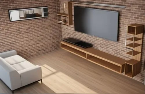 modern living room with brick wall, white couch and large flat screen tv,modern living room,living room modern tv,modern room,3d rendering,tv cabinet,bonus room,Photography,General,Realistic