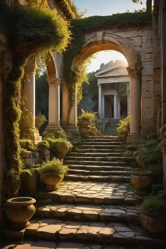 labyrinthian,kykuit,artemis temple,panagora,ancient house,ruins,ancient city,greek temple,ancient buildings,the ancient world,dorne,vindolanda,jardiniere,pompeii,archways,gardens,ancient,entrances,pathway,moss landscape,Illustration,Black and White,Black and White 12