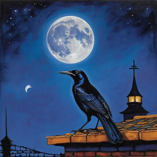 Create a mysterious painting depicting a great-tailed grackle perched on a moonlit rooftop.,nocturnal bird,night bird,bird painting,magpie,magpie lark,night scene,blue moon,corvidae,moonlit night,purp