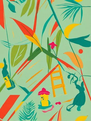 an illustration of a green background with leaves, plants, and a ladder,tropical bird climber,tropical birds,flower and bird illustration,bamboo plants,palm branches,toucans,Illustration,Vector,Vector