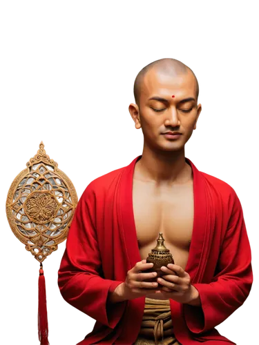 Buddha, meditation pose, calm facial expression, closed eyes, golden brown skin, shaved head, red robes, intricate embroidery, lotus flower base, wooden phone, antique bronze frame, subtle glow effect