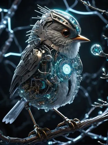 Hyper realistic cute adorable fluffy circuit board robin, on a branch, crystal glass-like, surrealist, white glow, glowing wires, concept art, hyperdetailed, beautiful composition, visible details, sh