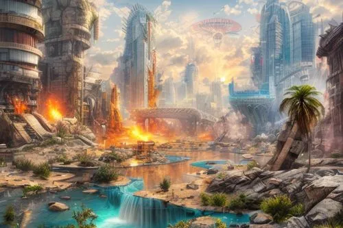 fantasy landscape,futuristic landscape,ancient city,terraforming,fantasy picture,fantasy city,fantasy world,post-apocalyptic landscape,atlantis,destroyed city,fantasy art,alien world,3d fantasy,imperial shores,landscape background,world digital painting,sci fiction illustration,cg artwork,alien planet,volcanic landscape