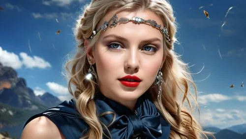 blond haired woman wearing ear rings in front of a mountainous scenery,morgause,lyse,eilonwy,celtic queen,sigyn,galadriel,Photography,General,Realistic