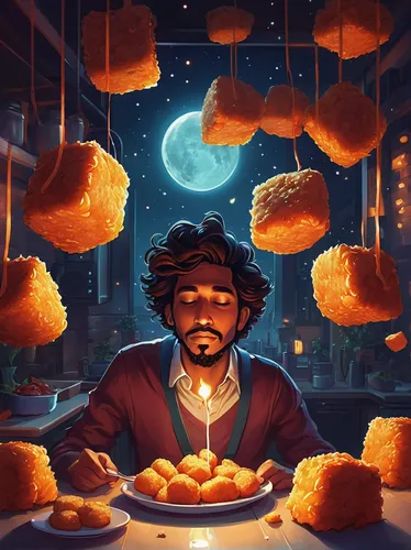 Compose a heartwarming poem about the joy of sharing a meal of chicken nuggets with loved ones.,empanadas,empanada,pastelón,cg artwork,blocks of cheese,cheese cubes,cheese puffs,cooking book cover,sci