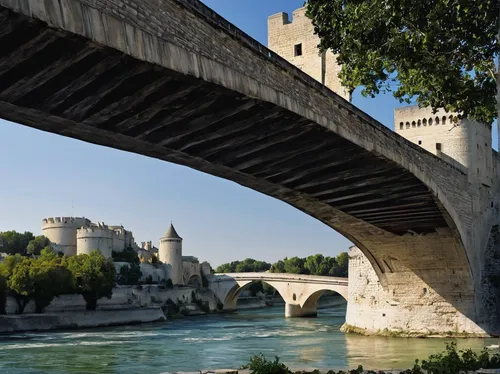 Describe the beauty of Pont d'Avignon in a poetic and romantic manner.,pont d'avignon,tiber bridge,tiber,aare,rhone,sant'angelo bridge,pont saint-bénézet,river seine,pont du gard,bridge new europe,vie