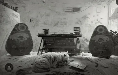 a white dog laying on a floor next to a desk,abandoned room,woodring,witkin,frankenweenie,the little girl's room,kienholz,Art sketch,Art sketch,Concept