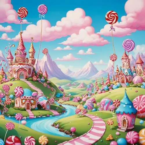 candy land scenic background,a painting with pink and white candy land,candyland,fairy world,fairyland,fantasyland,fairy village,munchkinland,Illustration,Abstract Fantasy,Abstract Fantasy 11