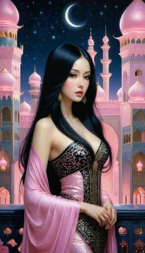 rem in arabian nights,sheherazade,anarkali,pink city,oriental princess,islamic girl,Illustration,Realistic Fantasy,Realistic Fantasy 08