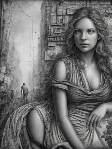 Impression in rough free-artistic pencil and charcoal style.,a woman sitting in front of a painting on the wall,inanna,sirenia,margaery,behenna,asenath,fantasy art,Art sketch,Art sketch,Ultra Realisti