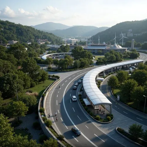 Scenic highway, rolling hills, verdant trees, electric vehicle charging stations, sleek modern design, solar panels, wind turbines, energy-efficient systems, minimalist architecture, curved lines, fut