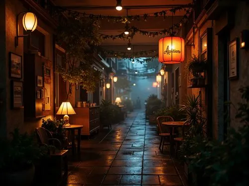 alley,hanoi,alleyway,old linden alley,hutong,alleyways,street lantern,evening atmosphere,night scene,sidestreet,narrow street,hoi an,danshui,hoian,watercolor tea shop,passage,azabu,teahouse,motomachi,shaoming