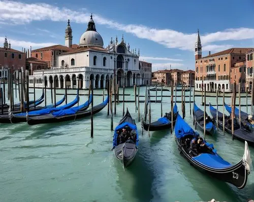 Venice Architecture Biennale, sunny day, cloudy sky, San Giorgio Maggiore church in background, crowded visitors, various national pavilions, modern architectural designs, wooden or steel structures, 