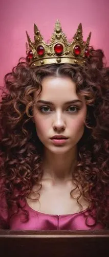 a woman with curly hair and a crown in her head,queenship,miss circassian,gothel,princess crown,prinzessin,emperatriz