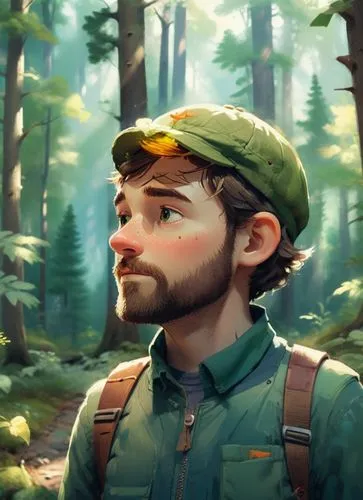 a 50 years old man walking in forester clothing, wearing a cap in a mountain forest. Full body,the boy is staring at the camera in front of the forest,kovic,woodsman,lumberjax,lumberman,forest man,sur