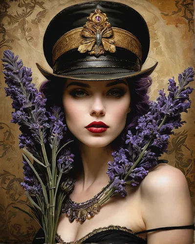 skullcap,stewardess,violets,deadly nightshade,the lavender flower,nightshade plant,egyptian lavender,the hat of the woman,victorian lady,la violetta,violet flowers,steampunk,purple pageantry winds,adornments,headdress,purple lilac,purple rose,lavender oil,golden lilac,violet colour,Illustration,Realistic Fantasy,Realistic Fantasy 10