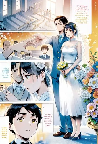 Manga page in english, make it colorful, its a japanese wedding, bride groom and a small boy,the comic is filled with different scenes and characters,shinran,guqin,nozaki,gosho,okurigana,hagio,Anime,A