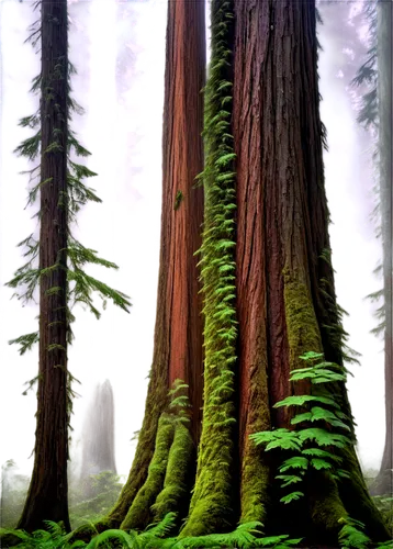 Redwood tree, giant trunk, towering height, sprawling branches, green leaves, misty atmosphere, soft fog, morning dew, warm sunlight filtering through canopy, 3/4 composition, shallow depth of field, 