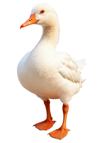 Fluffy white goose, cartoon style, standing posture, bright beady eyes, orange beak, soft feathers, wings slightly spread, webbed feet, morning sunlight, warm color tone, 3/4 composition, shallow dept