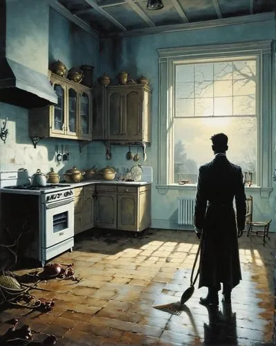 victorian kitchen,the kitchen,sherlock holmes,girl in the kitchen,kitchen,kitchen interior,hans christian andersen,holmes,doll's house,meticulous painting,laundry room,the victorian era,italian painter,sebastian pether,housework,cookery,anton chekhov,house painting,robert harbeck,martin fisher,Conceptual Art,Fantasy,Fantasy 29