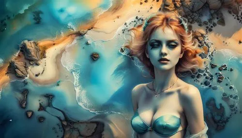 a woman wearing a  standing in front of some art work,naiad,ladyland,amphitrite,mermaid background,sirene,fathom,Illustration,Realistic Fantasy,Realistic Fantasy 15