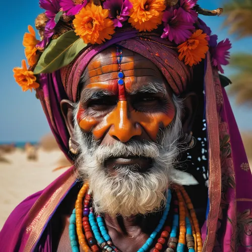 Rajasthan, 2010. A Rabari tribal elder stands out from the crowd with a distinctive orange-tinged beach and hair, adorned with numerous accessories,indian sadhu,sadhus,indian monk,indian bride,indian 