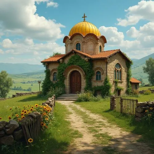 Rural farmland, integrating Byzantine monastery style, golden dome, intricate stone carvings, ornate frescoes, rustic wooden door, vine-covered walls, surrounding lush green fields, rolling hills, sca