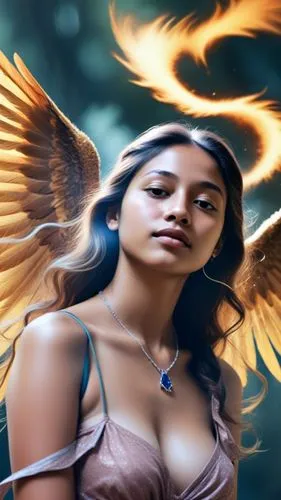 a painting of a young woman with angel wings,hawkgirl,fire angel,promethea,the archangel,archangel,angelfire