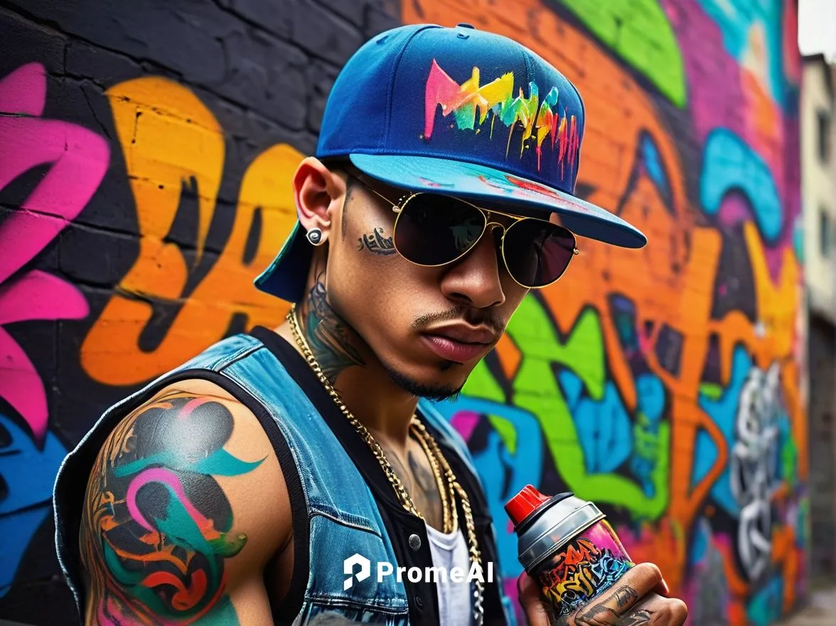 Graffiti artist, young male, urban clothing, baseball cap, sunglasses, bold facial features, colorful tattoos on arms, holding spray can, standing in front of city wall, vibrant street art, bright col