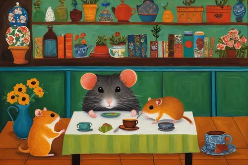 vintage mice,whimsical animals,tea party cat,cat's cafe,ratatouille,mice,still-life,cat drinking tea,rodentia icons,still life,cloves schwindl inge,summer still-life,children's room,persian norooz,cat and mouse,figaro,anthropomorphized animals,rodents,breakfast table,mousetrap,Illustration,Abstract Fantasy,Abstract Fantasy 12