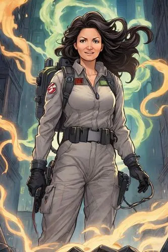 create a promo poster with one female with long and dark hair, alone character from ghostbusters movie art,ghostbusters,woman fire fighter,sci fiction illustration,coveralls,space-suit,female doctor,d