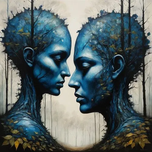 dryads,dieckmann,eckmann,unseelie,dualities,mirror image,fractals art,symbioses,empath,duplicity,two people,biophilia,meridians,mirror of souls,symbolists,dryad,treepeople,man and woman,dualism,precognition,Illustration,Abstract Fantasy,Abstract Fantasy 18