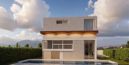 an architectural rendering of a house with a pool in the front,modern house,cubic house,3d rendering,vivienda,modern architecture,render,renders,house shape,model house,residencial,residential house,c