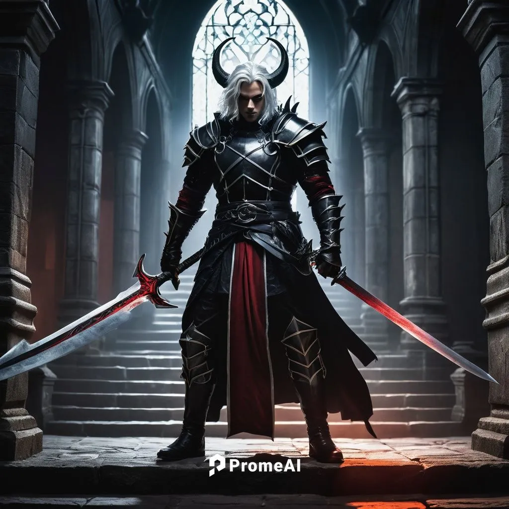 Dark fantasy scene, male protagonist, black demon slayer, strong muscular build, white hair, sharp horns, red eyes, black armor with silver trim, large sword on back, intense facial expression, dramat