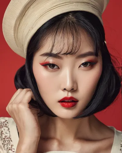 vintage makeup,beret,asian conical hat,vintage asian,oriental girl,geisha girl,red hat,red lips,vintage woman,geisha,asian woman,doll's facial features,oriental princess,korean,red lipstick,vintage women,japanese woman,cosmetic products,mulan,vintage girl,Illustration,Retro,Retro 10