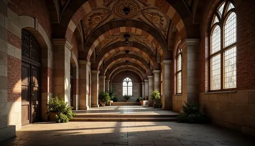 Ancient Romanesque arches, rustic stone walls, weathered brick fa\u00e7ades, ornate carvings, grandiose vaulted ceilings, stained glass windows, intricate mosaic patterns, medieval-inspired fortificat