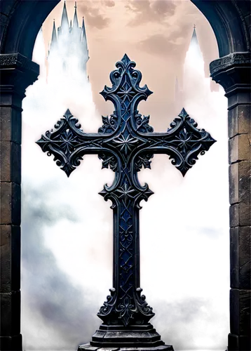 celtic cross,high cross,shadowgate,cross,wayside cross,the cross,cruciform,portal,crosses,wooden cross,heaven gate,iron gate,calvary,doorposts,dusk background,gothic style,requiem,gothic,memorial cross,cementerio,Illustration,Realistic Fantasy,Realistic Fantasy 01