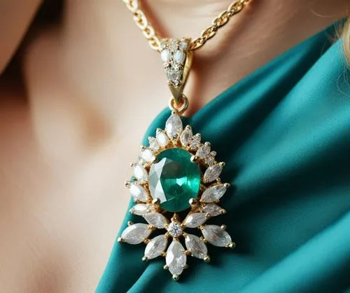 a close up of a woman with a necklace and green shirt,mouawad,emeralds,jewelry florets,emerald,diamond pendant,paraiba,jewelled,color turquoise,mikimoto,collier,aventurine,bejewelled,turquoise,jeweled